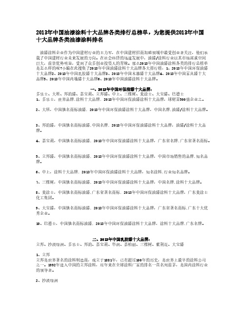 2013年中国油漆涂料十大品牌各类排行总榜单,为您提供2013年中国十大品牌各类油漆涂料排名-推荐下载