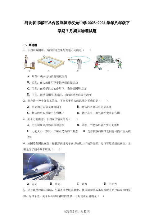 河北省邯郸市丛台区邯郸市汉光中学2023-2024学年八年级下学期7月期末物理试题