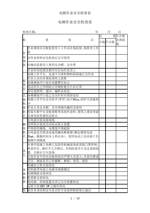 电梯作业安全检查表