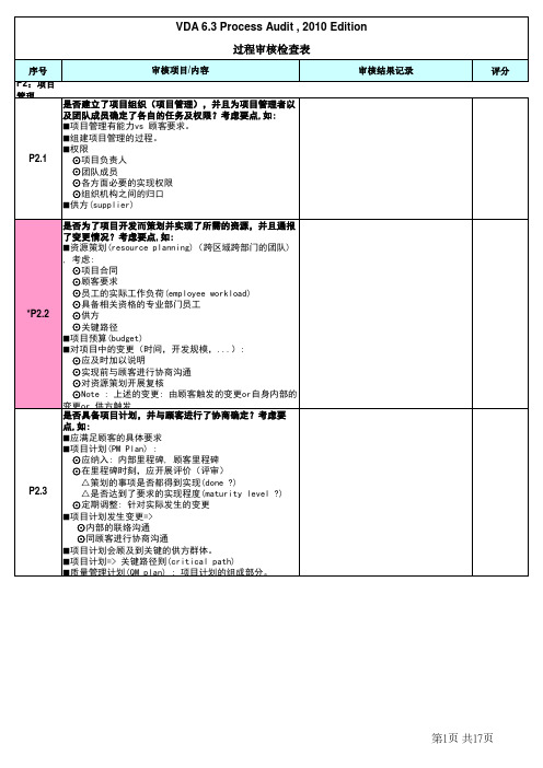 VDA6.3过程审核检查表及评分标准