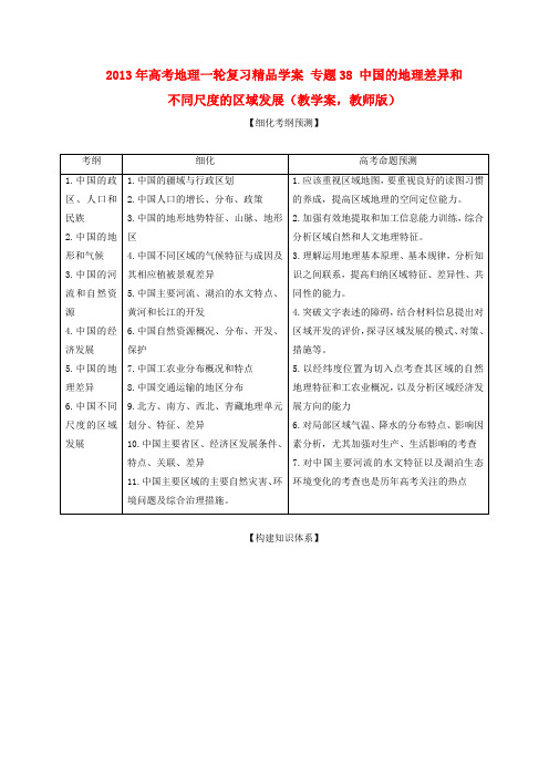 高考地理一轮复习精品学案 专题38 中国的地理差异和不同尺度的区域发展教学案(教师版)