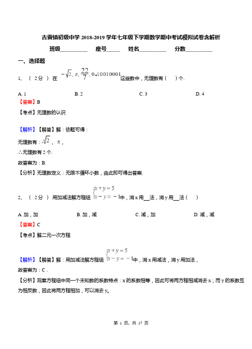 古雷镇初级中学2018-2019学年七年级下学期数学期中考试模拟试卷含解析