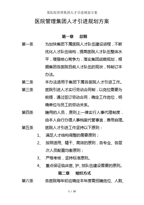 某医院管理集团人才引进规划方案