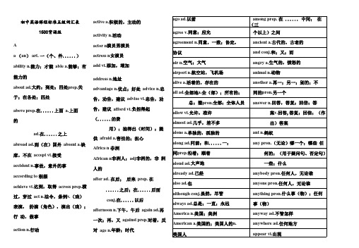 初中英语课程标准五级词汇表1500