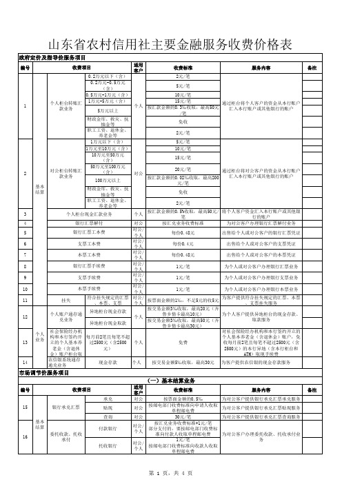 山东省农村信用社主要金融服务收费价格表