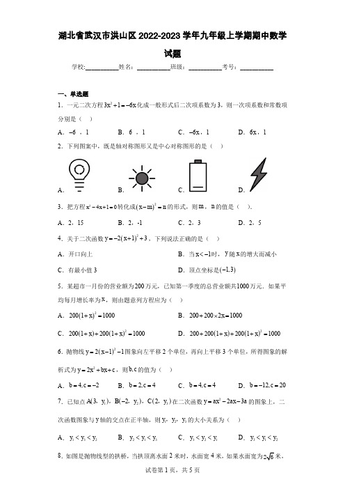 湖北省武汉市洪山区2022-2023学年九年级上学期期中数学试题