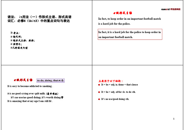 语法： it用法(一)作形式主语、形式宾语;词汇：选修6(Unit3)中的重点词句与表达