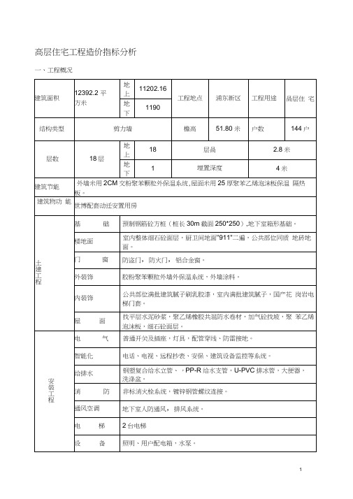 高层住宅工程造价指标分析