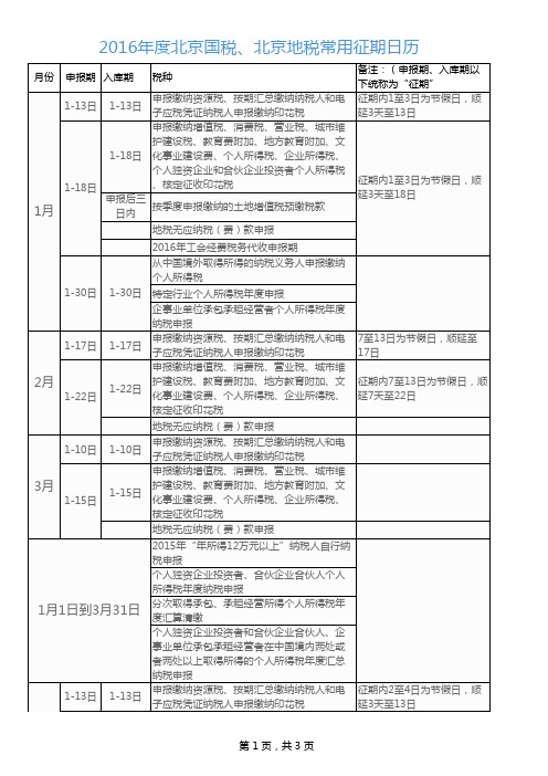 2016年征收日历