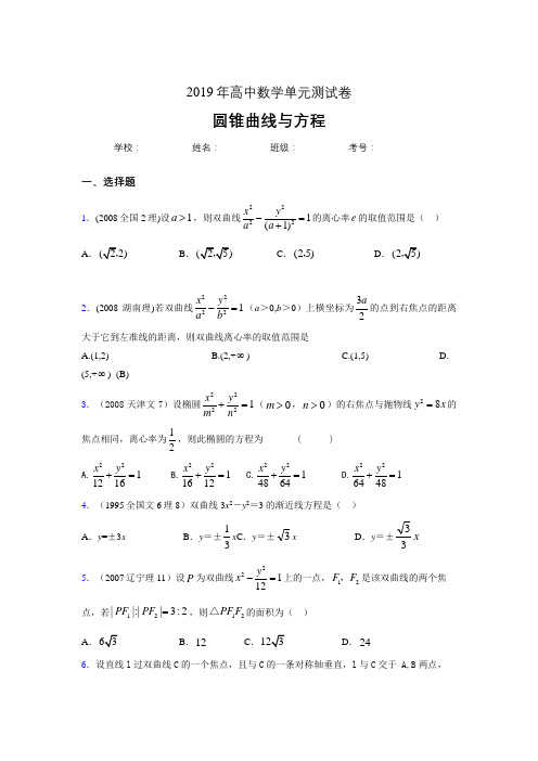 精选最新版2019高中数学单元测试《圆锥曲线方程》模拟题(含答案)