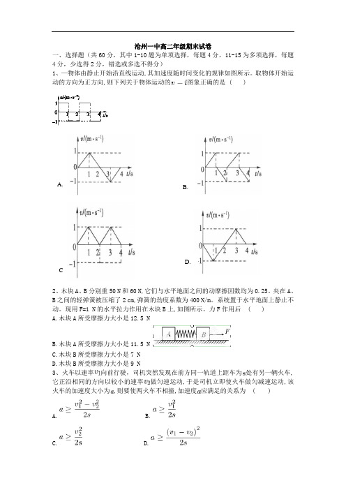 【期末试卷】河北省沧州市2015-2016学年高二下学期期末考试物理试题 Word版(含答案)