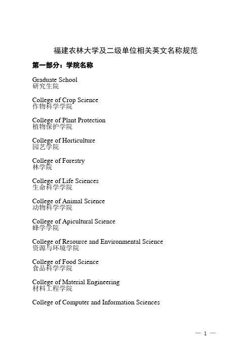 福建农林大学及二级单位相关英文名称规范