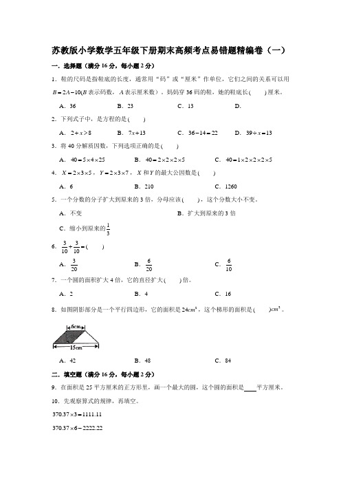 苏教版小学数学五年级下册期末高频考点易错题精编卷(一)