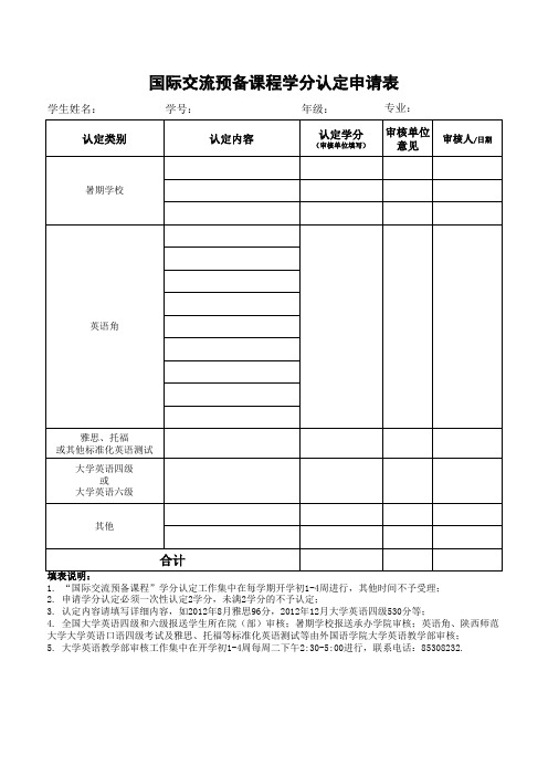 国际交流预备课程学分认定申请表