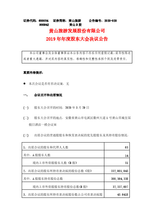 黄山旅游：2019年年度股东大会决议公告