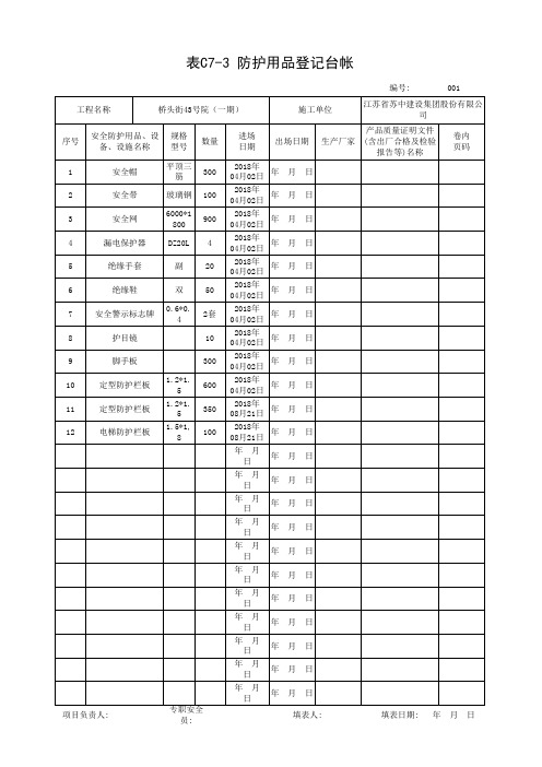 建筑行业防护用品登记台帐