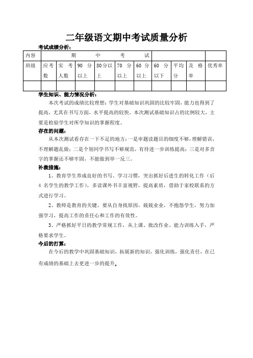 二年级语文期中考试质量分析