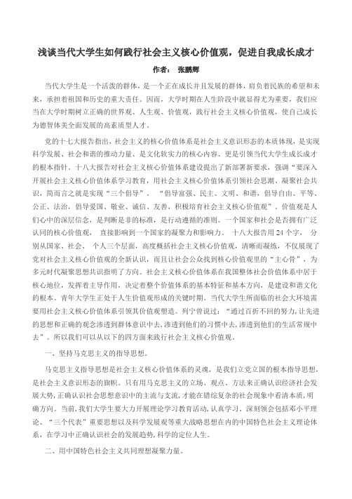 浅谈当代大学生如何践行社会主义核心价值观,促进自我成长成才