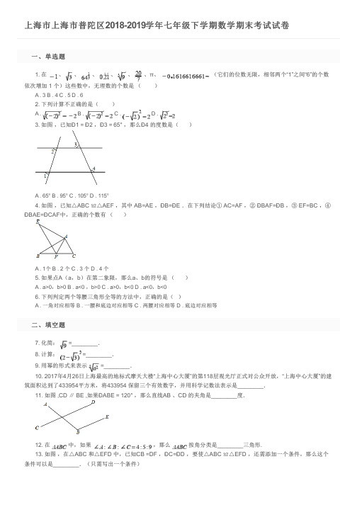 上海市上海市普陀区2018-2019学年七年级下学期数学期末考试试卷及参考答案