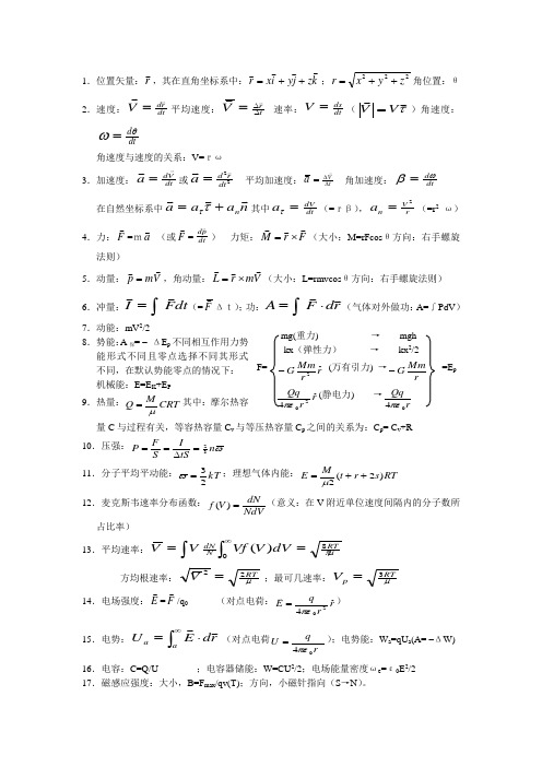 大学普通物理公式大全