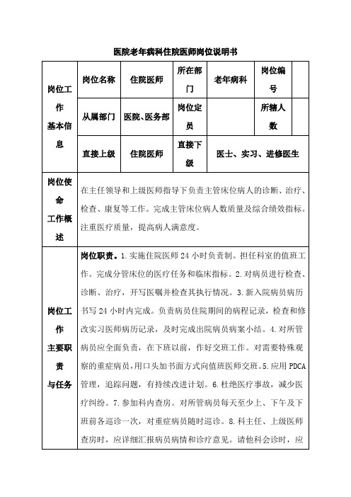 医院老年病科住院医师岗位说明书