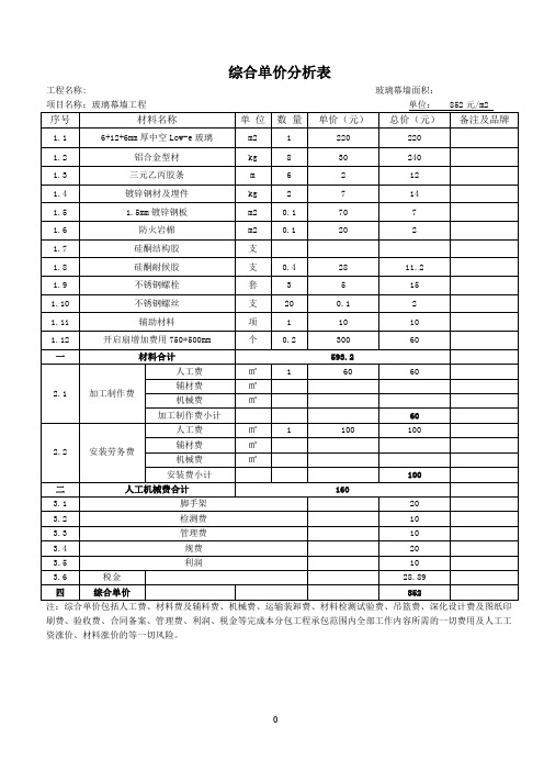 玻璃幕墙综合(每平米)报价单精编版