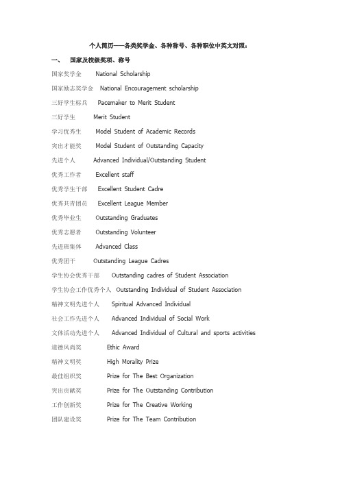 个人简历——各类奖学金、各种称号、各种职位中英文对照