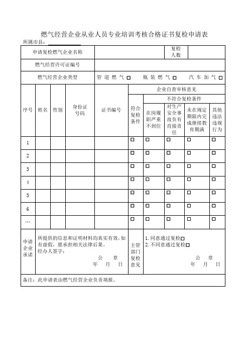 燃气经营企业从业人员专业培训考核合格证书复检申请表