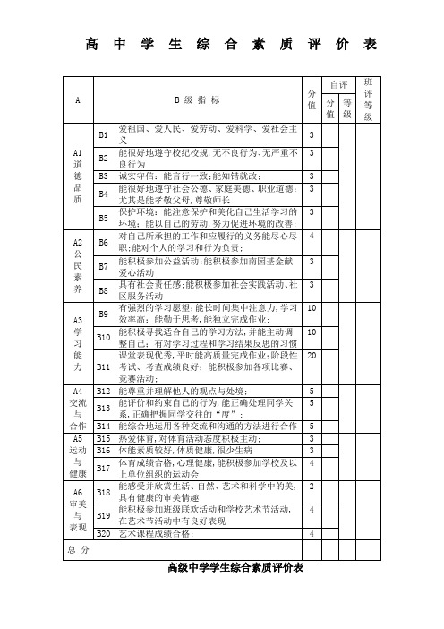 高中学生综合素质评价表