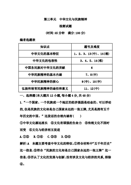 2015年高考政治 第三部分 第三单元《中华文化与民族精神》检测试题