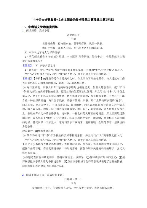 中考语文诗歌鉴赏+文言文阅读的技巧及练习题及练习题(答案)