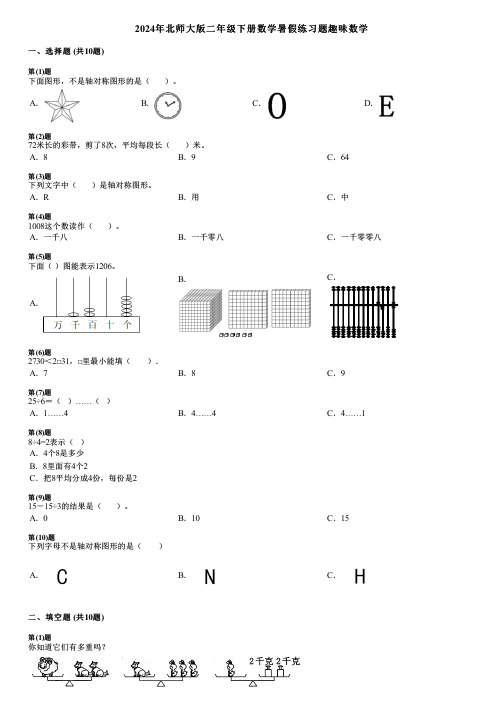 2024年北师大版二年级下册数学暑假练习题趣味数学