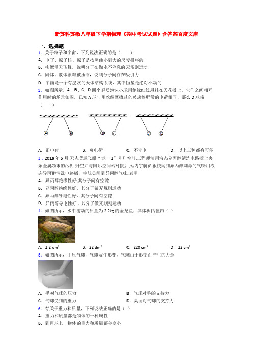 新苏科苏教八年级下学期物理《期中考试试题》含答案百度文库