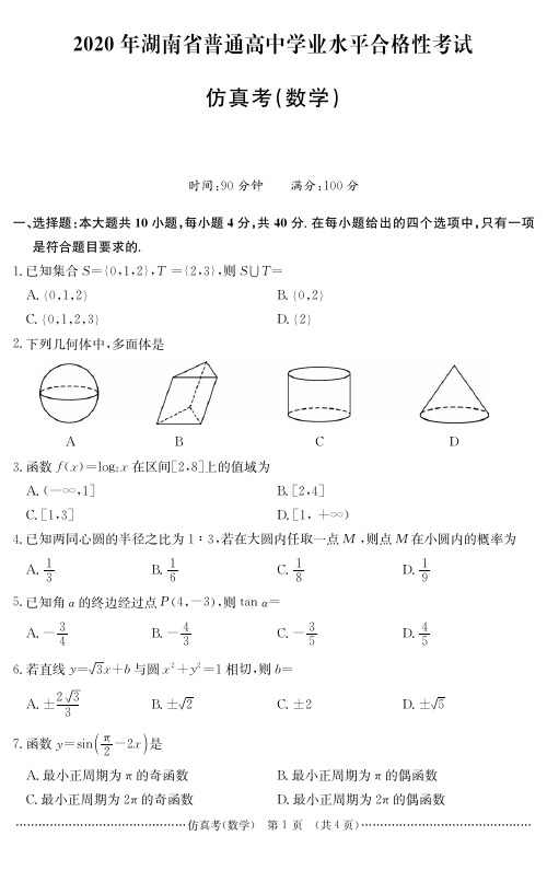 2020年湖南省普通高中学业水平和合格性考试仿真卷数学试题PDF版含答案