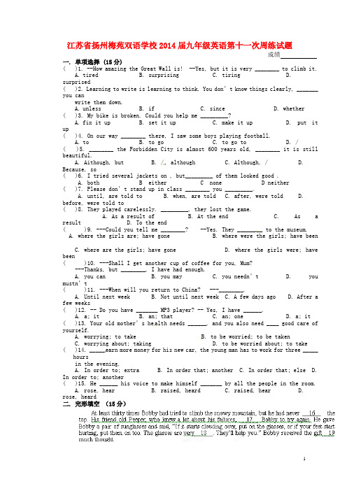 江苏省扬州梅苑双语学校九年级英语第十一次周练试题(无答案)