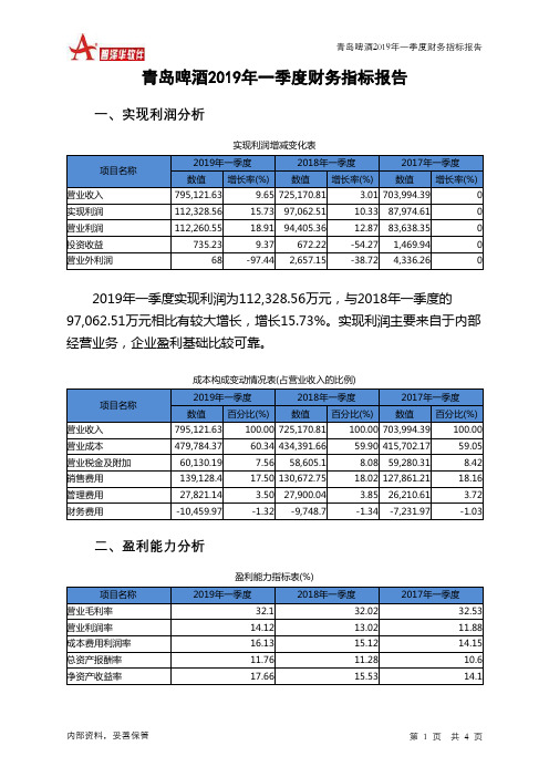 青岛啤酒2019年一季度财务指标报告