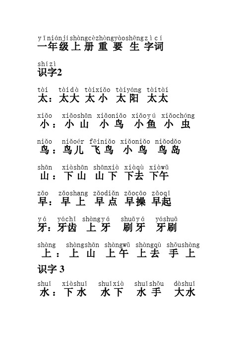 一年级上册重要生字词