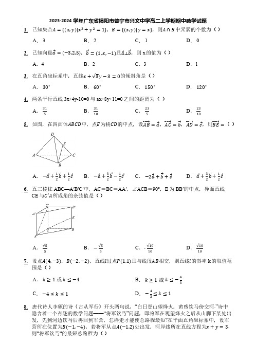 2023-2024学年广东省揭阳市普宁市兴文中学高二上学期期中数学试题