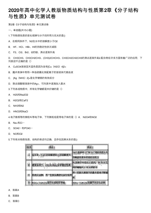 2020年高中化学人教版物质结构与性质第2章《分子结构与性质》单元测试卷