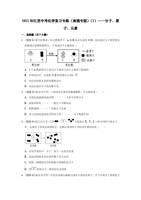 2021年江苏中考化学复习专练(南通专版)(1)——分子、原子、元素