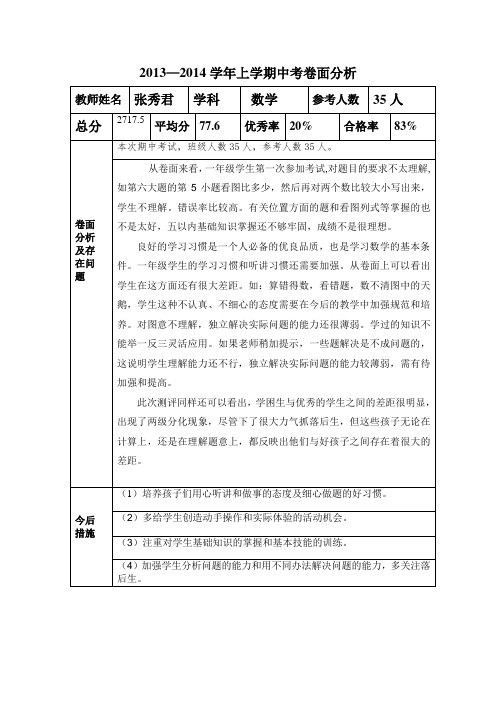 一年级数学中考卷面分析表