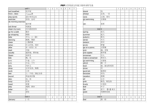 人教版PEP小学英语五年级下册单词听写表