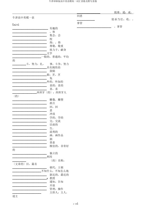 牛津译林版高中英语模块一词汇表格及默写表格