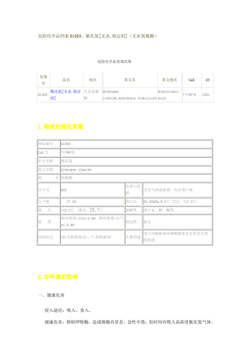 危险化学品档案61003无水氰化氢