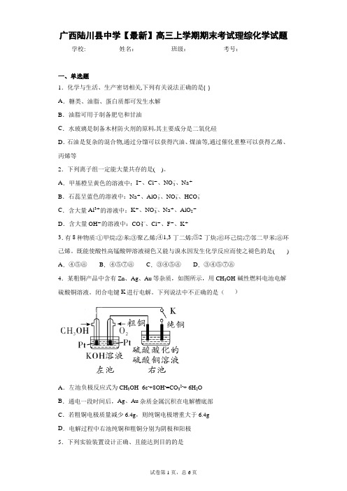 广西陆川县中学2021届高三上学期期末考试理综化学试题