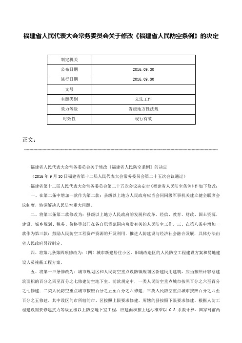 福建省人民代表大会常务委员会关于修改《福建省人民防空条例》的决定-