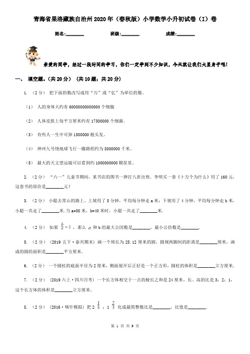 青海省果洛藏族自治州2020年(春秋版)小学数学小升初试卷(I)卷