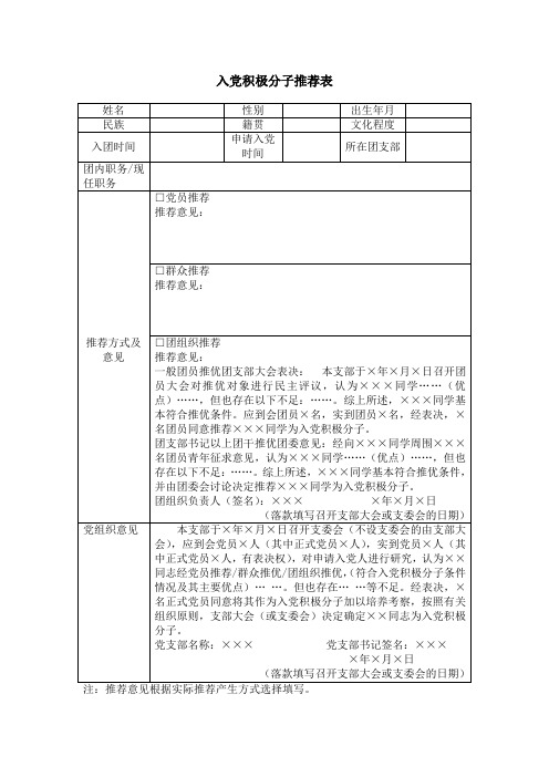 入党积极分子推荐表