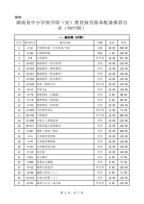 湖南省中小学图书馆室教育报刊基本配备推荐目录2022版