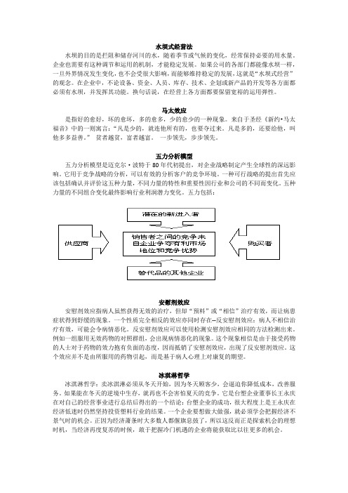 管理词汇：水坝式经营法、马太效应、五力分析法、安慰剂效应、冰激凌哲学